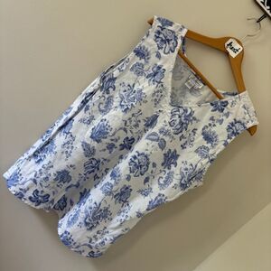 J Marco 100% Linen Blue & White Floral Sleeveless Top Women's sz XL preworn